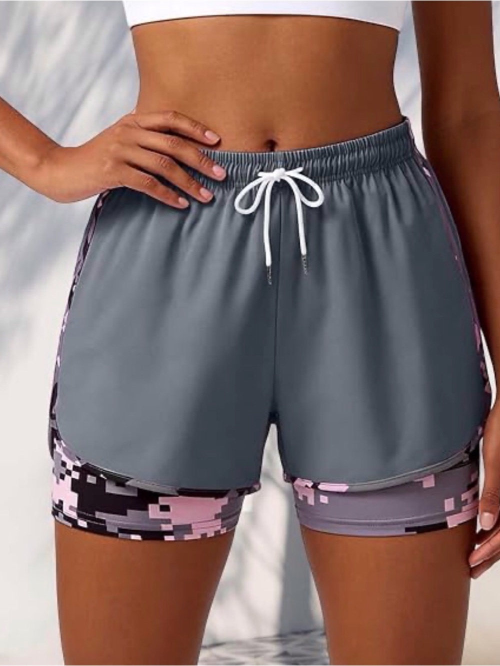 Women’s Athletic 2-in-1 Shorts Gray/Pink/Black Pixelated Liner Size-L NIB